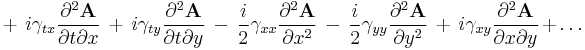 
~~~~~~~~~~~
~%2B~ i \gamma_{tx} \frac{\partial^2 \textbf{A} }{\partial t \partial x}
~%2B~ i \gamma_{ty} \frac{\partial^2 \textbf{A} }{\partial t \partial y}
~-~ \frac{i}{2} \gamma_{xx} \frac{\partial^2 \textbf{A} }{ \partial x^2}
~-~ \frac{i}{2} \gamma_{yy} \frac{\partial^2 \textbf{A} }{ \partial y^2}
~%2B~ i \gamma_{xy}  \frac{\partial^2 \textbf{A} }{ \partial x \partial y} %2B \ldots
