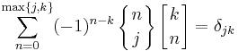 \sum_{n=0}^{\max\{j,k\}} (-1)^{n-k} \left\{{n\atop j}\right\} \left[{k\atop n}\right] = \delta_{jk}