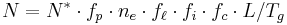 N = N^{\ast} \cdot f_p \cdot n_e \cdot f_{\ell} \cdot f_i \cdot f_c \cdot L / T_g \,\!