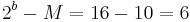 2^b-M = 16-10 = 6