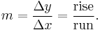 m = \frac{\Delta y}{\Delta x} = \frac{\text{rise}}{\text{run}}.