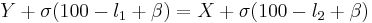 {{Y %2B \sigma (100 - l_1 %2B \beta)} = {X %2B \sigma (100 - l_2 %2B \beta)}}\,