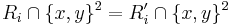 R_i\cap\{x,y\}^2=R'_i\cap \{x,y\}^2