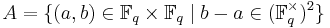 A = \{(a,b)\in \mathbb{F}_q\times\mathbb{F}_q \mid b-a\in (\mathbb{F}_q^{\times})^2 \}