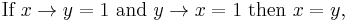 \mbox{If } x \to y = 1 \mbox{ and } y \to x = 1 \mbox{ then } x = y ,