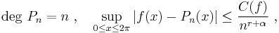  \deg\, P_n = n~, \quad \sup_{0 \leq x \leq 2\pi} |f(x) - P_n(x)| \leq \frac{C(f)}{n^{r %2B \alpha}}~,