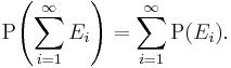  \operatorname{P}\!\left(\sum_{i=1}^\infty E_i\right) = \sum_{i=1}^\infty \operatorname{P}(E_i). 