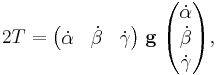 
2 T =
\begin{pmatrix} 
\dot{\alpha} & \dot{\beta} & \dot{\gamma}
\end{pmatrix}
\; \mathbf{g} \;
\begin{pmatrix} 
\dot{\alpha} \\ \dot{\beta} \\ \dot{\gamma}\\
\end{pmatrix},
