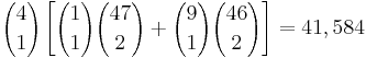 {4 \choose 1}\left[{1 \choose 1}{47 \choose 2} %2B {9 \choose 1}{46 \choose 2}\right] = 41,584