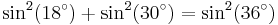 \sin^2(18^\circ)%2B\sin^2(30^\circ)=\sin^2(36^\circ)\;