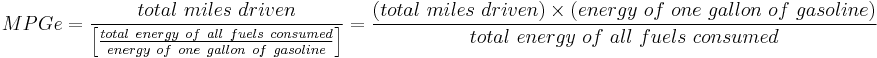  MPGe = \frac{total~miles~driven}{\left [ \frac{total~energy~of~all~fuels~consumed}{energy~of~one~gallon~of~gasoline} \right ]} = \frac{(total\ miles\ driven) \times (energy\ of\ one\ gallon\ of\ gasoline)}  {total~energy~of~all~fuels~consumed} 