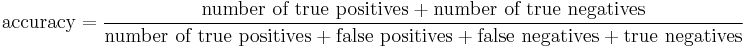 \text{accuracy}=\frac{\text{number of true positives}%2B\text{number of true negatives}}{\text{number of true positives}%2B\text{false positives} %2B \text{false negatives} %2B \text{true negatives}}