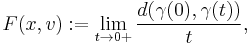 F(x,v)�:= \lim_{t\to 0%2B} \frac{d(\gamma(0),\gamma(t))}{t},