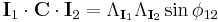 \mathbf I_1 \cdot \mathbf C \cdot \mathbf I_2= \Lambda_{\mathbf I_1}\Lambda_{\mathbf I_2}\sin\phi_{12}\,\!