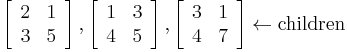 
\left[ {\begin{array}{*{20}{c}}
   2 & 1  \\
   3 & 5
\end{array}} \right],\left[ {\begin{array}{*{20}{c}}
   1 & 3  \\
   4 & 5
\end{array}} \right],\left[ {\begin{array}{*{20}{c}}
   3 & 1  \\
   4 & 7
\end{array}} \right] \leftarrow \text{children}
