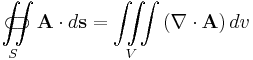  \iint\limits_{S}\!\!\!\!\!\!\!\!\!\!\!\!\!\!\!\!\;\;\;\subset\!\supset\mathbf{A}\cdot d\mathbf{s}=\iiint\limits_{V}\left(\nabla \cdot \mathbf{A}\right)dv 