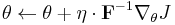 \theta \leftarrow \theta %2B \eta \cdot \mathbf{F}^{-1} \nabla_\theta J