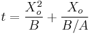 t = \frac{X_o^2}{B} %2B \frac{X_o}{B/A}