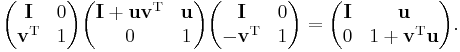 
\begin{pmatrix} \mathbf{I} & 0 \\ \mathbf{v}^\mathrm{T} & 1 \end{pmatrix}
\begin{pmatrix} \mathbf{I}%2B\mathbf{uv}^\mathrm{T} & \mathbf{u} \\ 0 & 1 \end{pmatrix}
\begin{pmatrix} \mathbf{I} & 0 \\ -\mathbf{v}^\mathrm{T} & 1 \end{pmatrix} =
\begin{pmatrix} \mathbf{I} & \mathbf{u} \\ 0 & 1 %2B \mathbf{v}^\mathrm{T}\mathbf{u} \end{pmatrix}.
