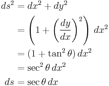 
\begin{align}
ds^2 & = dx^2 %2B dy^2 \\
 \   & = \left ( 1 %2B \left ( \frac{dy}{dx} \right ) ^2 \right ) \,dx^2 \\
 \   & = ( 1 %2B \tan^2 \theta )\, dx^2 \\
 \   & = \sec^2 \theta \,dx^2 \\
 ds  & =  \sec \theta \,dx
\end{align}
