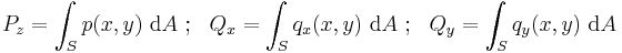 
  P_z = \int_S p(x,y)~ \mathrm{d}A ~;~~ Q_x = \int_S q_x(x,y)~ \mathrm{d}A ~;~~ Q_y = \int_S q_y(x,y)~ \mathrm{d}A
 