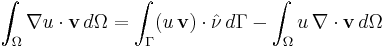  \int_{\Omega} \nabla u \cdot \mathbf{v}\, d\Omega = \int_{\Gamma} (u\, \mathbf{v})\cdot \hat{\nu}\,  d\Gamma -  \int_\Omega u\, \nabla\cdot\mathbf{v}\, d\Omega