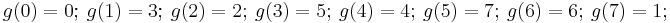  g(0) = 0;~ g(1) = 3;~ g(2) = 2;~ g(3) = 5;~ g(4) = 4;~ g(5) = 7; ~ g(6) = 6; ~ g(7) = 1; 