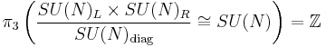 \pi_3\left(\frac{SU(N)_L\times SU(N)_R}{SU(N)_\text{diag}}\cong SU(N)\right)=\mathbb{Z} 