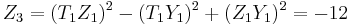 
Z_3  = (T_1Z_1)^2 - (T_1Y_1)^2 %2B (Z_1Y_1)^2 = -12
