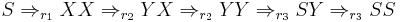 S \Rightarrow_{r_1} X X \Rightarrow_{r_2} Y X \Rightarrow_{r_2} Y Y \Rightarrow_{r_3} S Y \Rightarrow_{r_3} S S