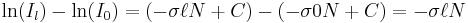 \ln(I_l) - \ln(I_0) = (- \sigma \ell N %2B C) - ( - \sigma 0 N %2B C) = - \sigma \ell  N \,