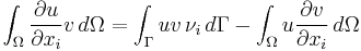 \int_{\Omega} \frac{\partial u}{\partial x_i} v \,d\Omega = \int_{\Gamma} u v \, \nu_i \,d\Gamma - \int_{\Omega} u \frac{\partial v}{\partial x_i} \, d\Omega