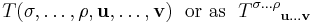   T(\sigma, \ldots ,\rho, {\mathbf u}, \ldots, {\mathbf v})  
\;\mbox{ or as }\; { T^{\sigma \ldots \rho} }_{ {\mathbf u} \ldots {\mathbf v}}
