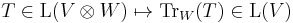   T \in \operatorname{L}(V \otimes W) \mapsto \operatorname{Tr}_W (T) \in \operatorname{L}(V)