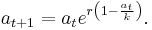 a_{t%2B1} = a_t e^{r\left(1-\frac{a_t}{k}\right)}.\,