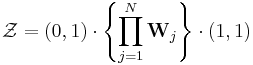 
\mathcal{Z} = \left( 0, 1\right) \cdot \left\{ \prod_{j=1}^{N} \mathbf{W}_{j} \right\} \cdot \left( 1 , 1\right)
