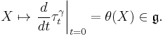  X \mapsto \left.\frac{d}{dt}\tau_t^\gamma\right|_{t=0} = \theta(X) \in \mathfrak{g}.