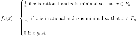 f_A(x)=\begin{cases}\frac{1}{n}\mbox{ if }x\mbox{ is rational and }n\mbox{ is minimal so that }x\in F_n\\  \\
\frac{-1}{n}\mbox{ if }x\mbox{ is irrational and }n\mbox{ is minimal so that }x\in F_n\\  \\
0\mbox{ if }x\notin A.\end{cases}