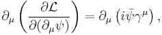 \partial_\mu \left( \frac{\partial \mathcal{L}}{\partial ( \partial_\mu \psi )} \right) = \partial_\mu \left( i \bar{\psi} \gamma^\mu \right), \,