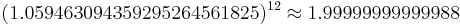 (1.059463094359295264561825)^{12} \approx  1.99999999999988 