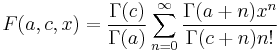 F(a, c, x) = \frac{\Gamma(c)}{\Gamma(a)} \sum_{n = 0}^\infty \frac{\Gamma(a %2B n) x^n}{\Gamma(c %2B n) n!}