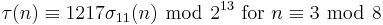 \tau(n)\equiv 1217 \sigma_{11}(n)\ \bmod\  2^{13}\mbox{ for } n\equiv 3\ \bmod\ 8