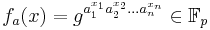 f_{a}(x) = g^{a_{1}^{x_{1}} a_{2}^{x_{2}}...a_{n}^{x_{n}}} \in \mathbb F_p 