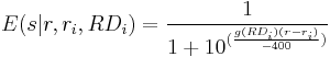 E(s|r,r_i,RD_i) = \frac{1}{1%2B10^{(\frac{g(RD_i)(r-r_i)}{-400})}}