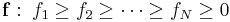 \mathbf{f} \,\colon \,f_1\ge f_2\ge \cdots \ge f_N\ge 0