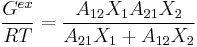  \frac{G^{ex}}{RT}= \frac {A_{12} X_1 A_{21}X_2}{A_{21} X_1 %2BA_{12} X_2} 