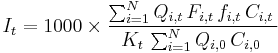  I_t = 1000\times\frac{\sum_{i=1}^N Q_{i,t}\,F_{i,t}\,f_{i,t}\,C_{i,t}\,}{K_t\,\sum_{i=1}^N Q_{i,0}\,C_{i,0}\,} 