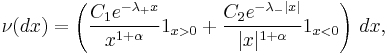 \nu(dx) = \left( \frac{C_1e^{-\lambda_%2Bx}}{x^{1%2B\alpha}}1_{x>0} %2B
\frac{C_2e^{-\lambda_-|x|}}{|x|^{1%2B\alpha}}1_{x<0}\right) \, dx,
