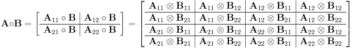 
\mathbf{A} \circ \mathbf{B} = 
\left[
\begin{array} {c | c}
\mathbf{A}_{11} \circ \mathbf{B} & \mathbf{A}_{12} \circ \mathbf{B} \\
\hline
\mathbf{A}_{21} \circ \mathbf{B} & \mathbf{A}_{22} \circ \mathbf{B} 
\end{array}
\right]
=
\left[
\begin{array} {c | c | c | c }
\mathbf{A}_{11} \otimes \mathbf{B}_{11} & \mathbf{A}_{11} \otimes \mathbf{B}_{12} & \mathbf{A}_{12} \otimes \mathbf{B}_{11} & \mathbf{A}_{12} \otimes \mathbf{B}_{12} \\
\hline
\mathbf{A}_{11} \otimes \mathbf{B}_{21} & \mathbf{A}_{11} \otimes \mathbf{B}_{22} & \mathbf{A}_{12} \otimes \mathbf{B}_{21} & \mathbf{A}_{12} \otimes \mathbf{B}_{22} \\
\hline
\mathbf{A}_{21} \otimes \mathbf{B}_{11} & \mathbf{A}_{21} \otimes \mathbf{B}_{12} & \mathbf{A}_{22} \otimes \mathbf{B}_{11} & \mathbf{A}_{22} \otimes \mathbf{B}_{12} \\
\hline
\mathbf{A}_{21} \otimes \mathbf{B}_{21} & \mathbf{A}_{21} \otimes \mathbf{B}_{22} & \mathbf{A}_{22} \otimes \mathbf{B}_{21} & \mathbf{A}_{22} \otimes \mathbf{B}_{22}
\end{array}
\right]
