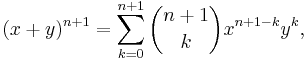 (x%2By)^{n%2B1} = \sum_{k=0}^{n%2B1} \binom{n%2B1}{k} x^{n%2B1-k} y^k,